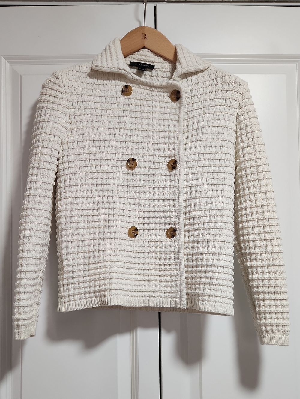 Ann Taylor Cream Textured Double Breasted Sweater Jacket S